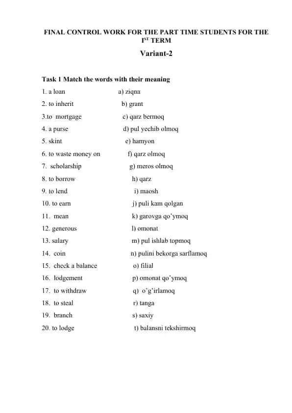 Final Control Work for the Part Time Students for the 1st Term