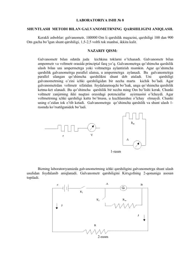Galvanometrning qarshiligining aniqlanishi.