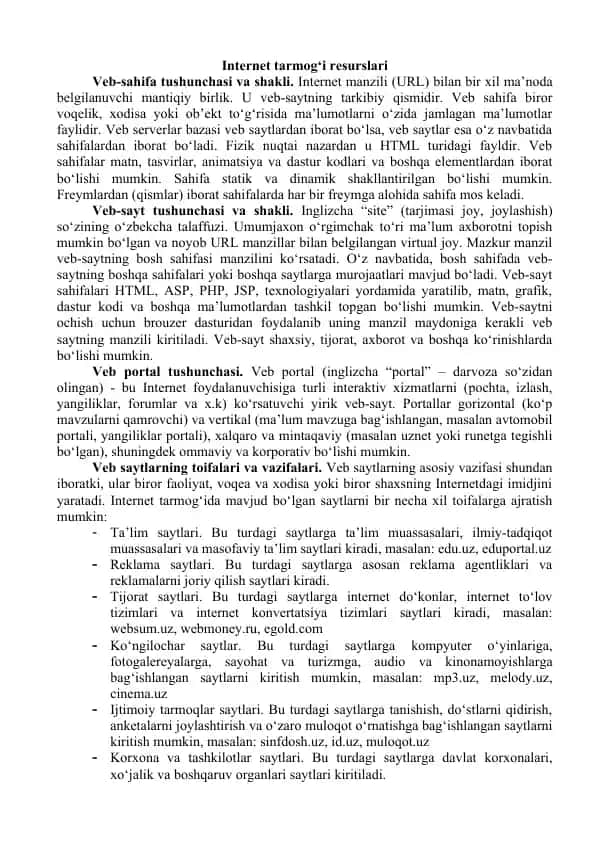 Internet tarmog‘i resurslari