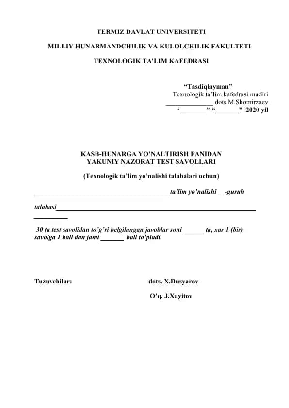 Kasb-hunarga yo’naltirish fanidan yakuniy nazorat test savollari