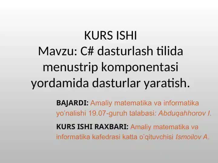 C# dasturlash tilida menustrip komponentasi yordamida dasturlar yaratish