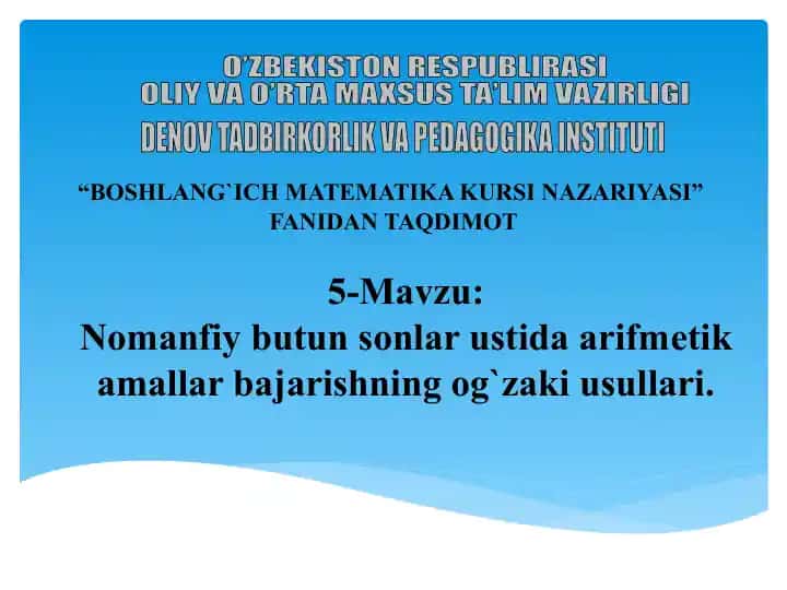 BOSHLANG`ICH MATEMATIKA KURSI NAZARIYASI