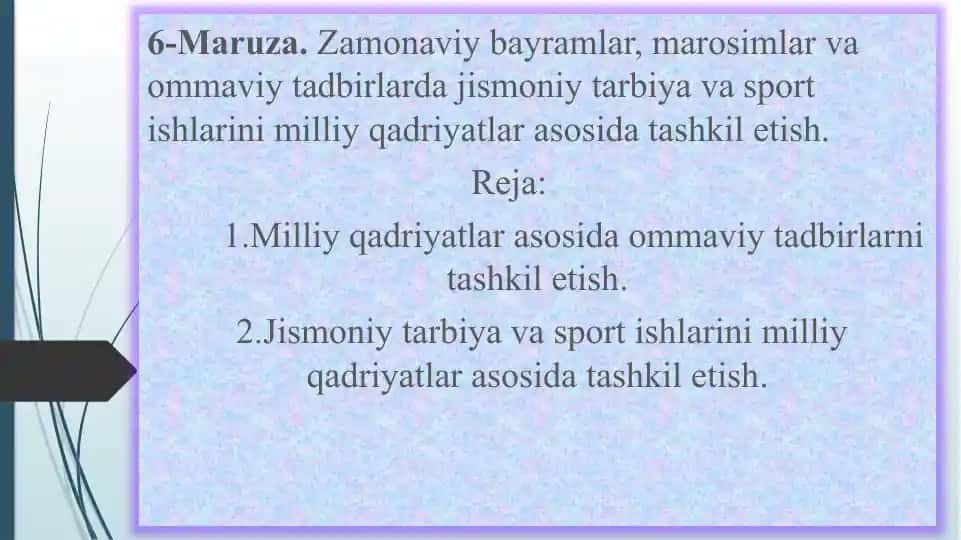 Zamonaviy bayramlar, marosimlar va ommaviy tadbirlarda jismoniy tarbiya va sport ishlarini milliy qadriyatlar asosida tashkil etish