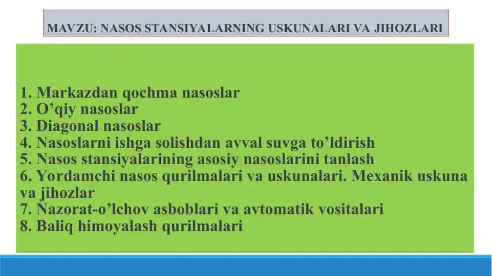 Nasos stansiyalarining uskunalari va jihozlari