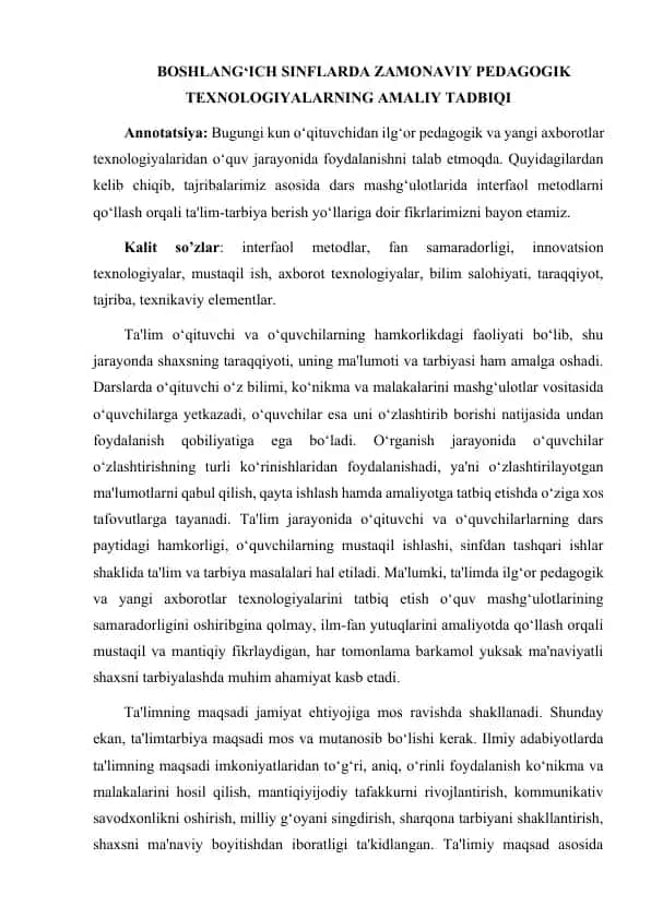 BOSHLANG‘ICH SINFLARDA ZAMONAVIY PEDAGOGIK TEXNOLOGIYALARNING AMALIY TADBIQI
