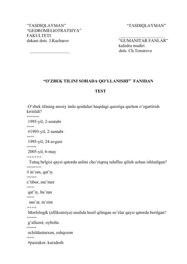 "O‘zbek tilini sohada qo‘llanishi" fanidan test