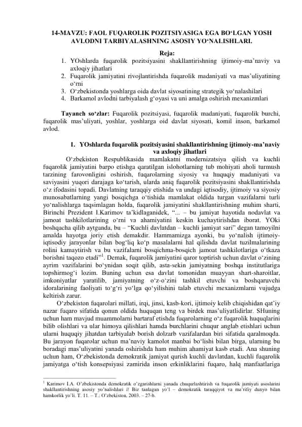 Fuqarolik pozitsiyasiga ega bo‘lgan yosh avlodni tarbiyalash