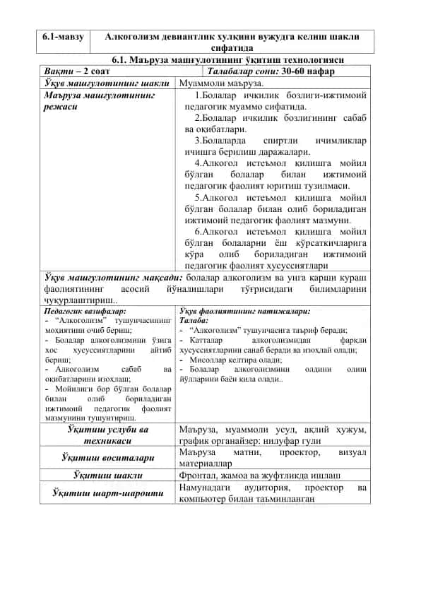 Маъруза машғулотининг ўқитиш технологияси