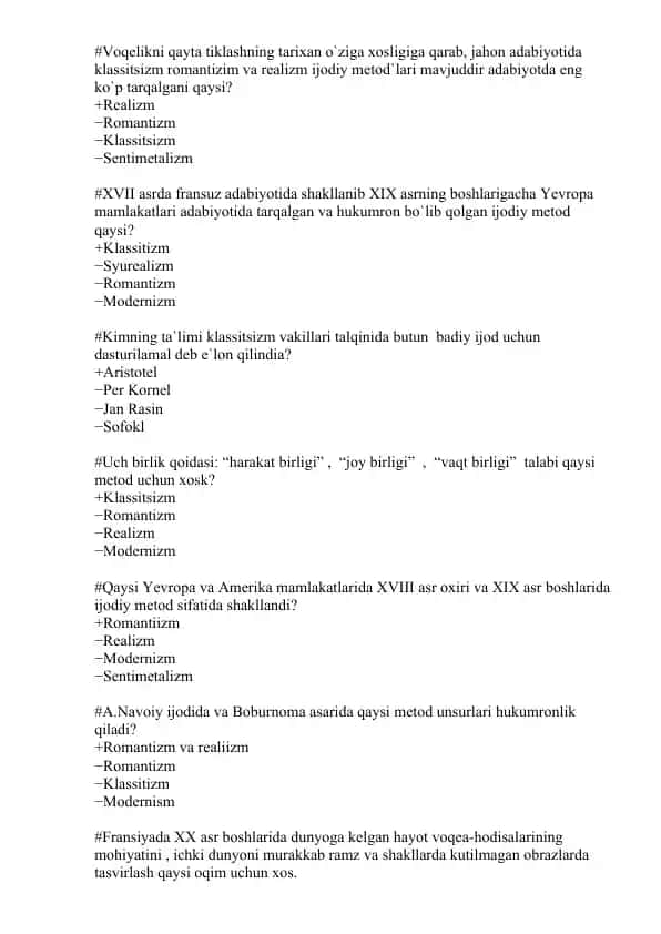 Ijodiy metodlar tarixi bo'yicha test savollari
