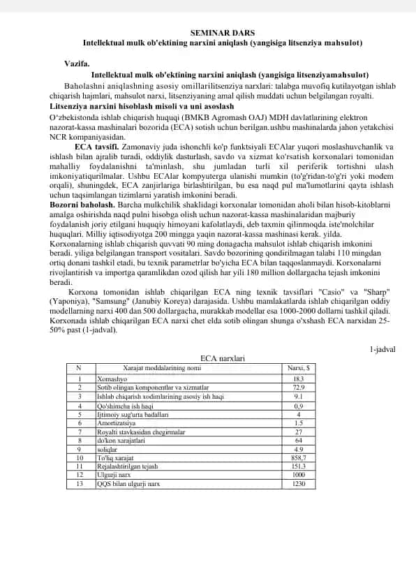 Intellektual mulk ob'ektining narxini aniqlash (yangisiga litsenziya mahsulot)