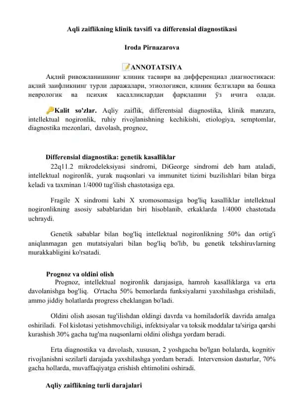 Aqliy zaiflikning klinik tavsifi va differensial diagnostikasi
