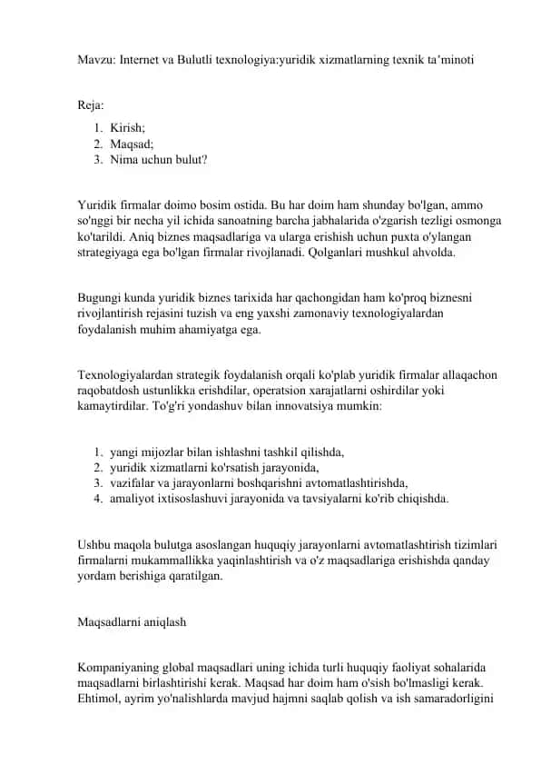Bulutli Texnologiya va Yuridik Xizmatlar