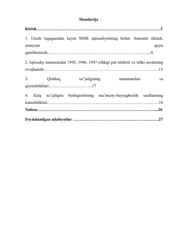 Urush tugaganidan keyin SSSR iqtisodiyotining holati