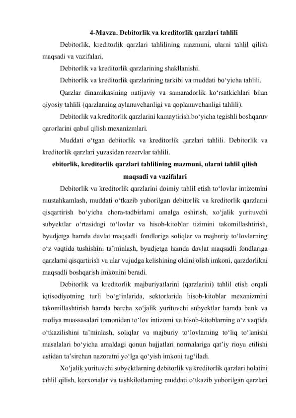 Debitorlik va kreditorlik qarzlari tahlili