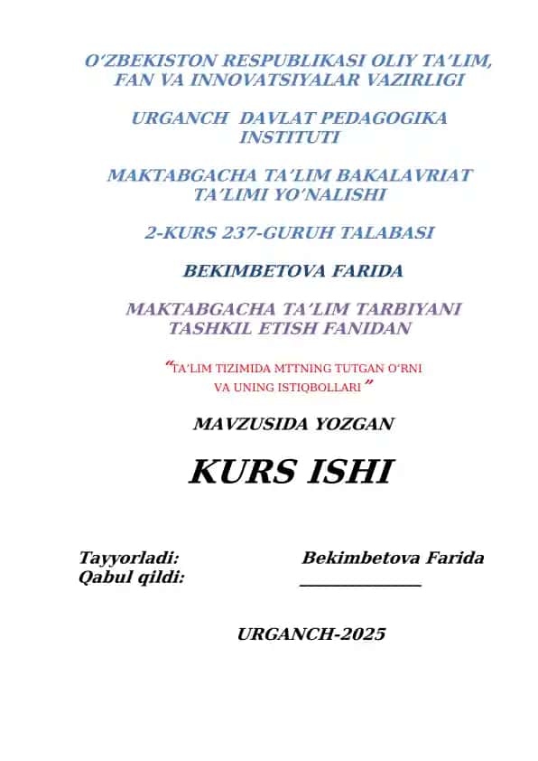 Maktabgacha Ta’lim Tarbiyani Tashkil Etish Fanidan