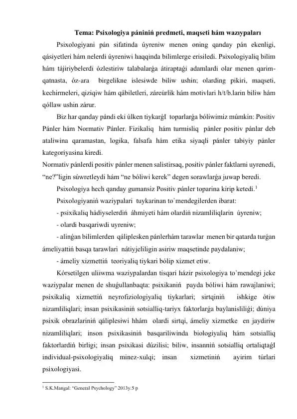 Psixologiya pániniń predmeti, maqseti hám wazıypaları