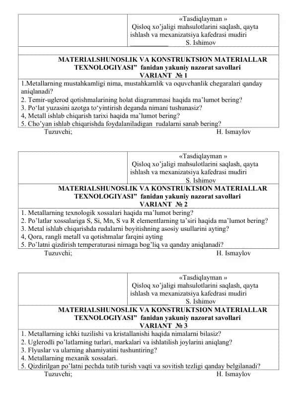MATERIALSHUNOSLIK va KONSTRUKtSION MATERIALLAR TEXNOLOGIYASI nazorat savollari