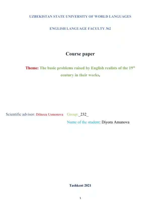 Course paper on the basic problems raised by English realists of the 19th century in their works