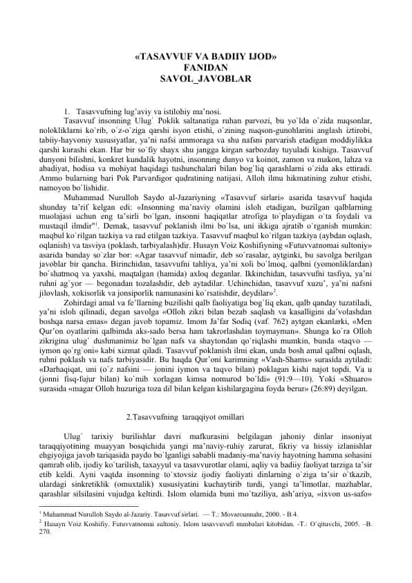 Tasavvuf va Badiiy Ijod