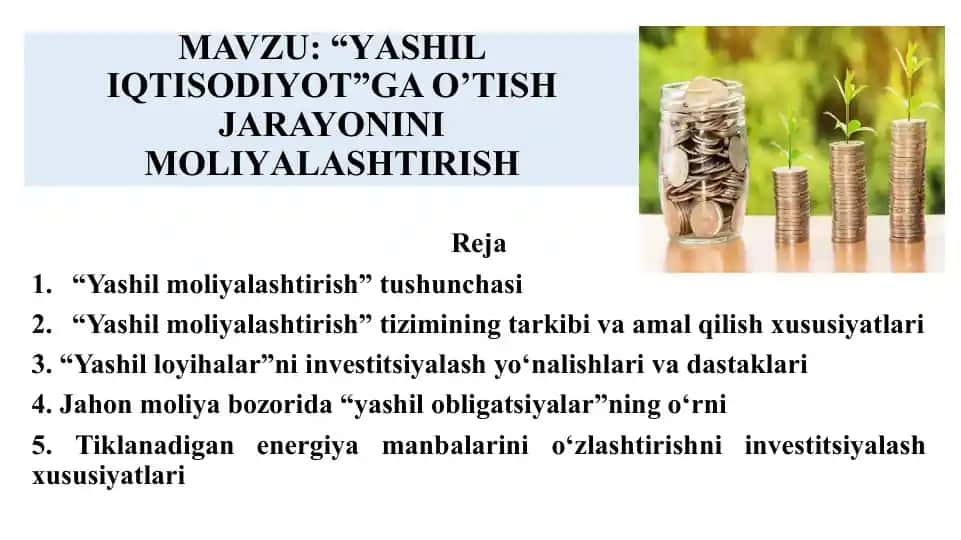 Yashil iqtisodiyotga o‘tish jarayonini moliyalashtirish