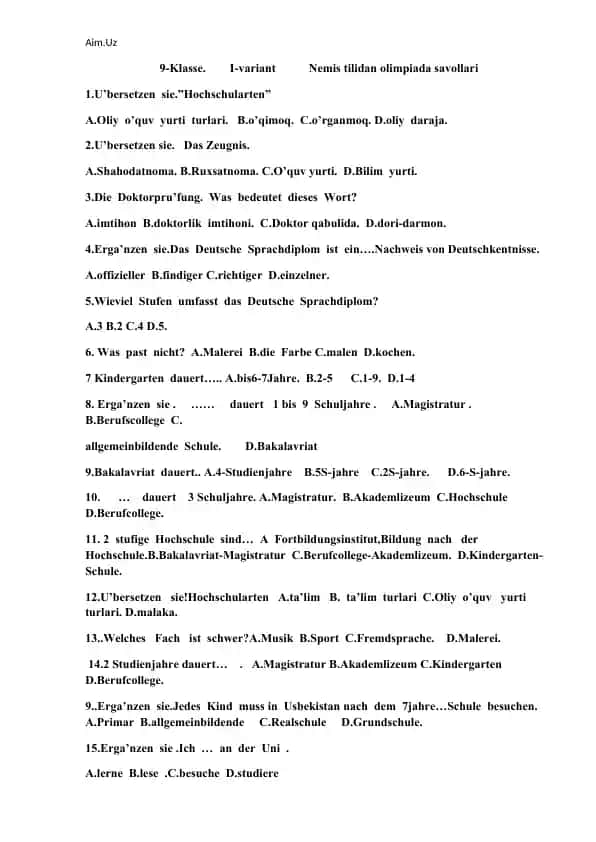 Nemis tilidan olimpiada savollari