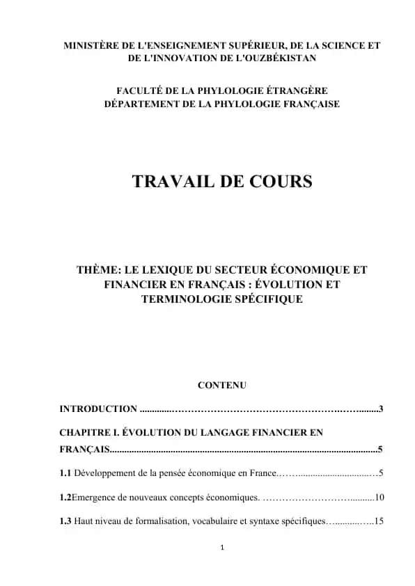 LE LEXIQUE DU SECTEUR ÉCONOMIQUE ET FINANCIER EN FRANÇAIS : ÉVOLUTION ET TERMINOLOGIE SPÉCIFIQUE