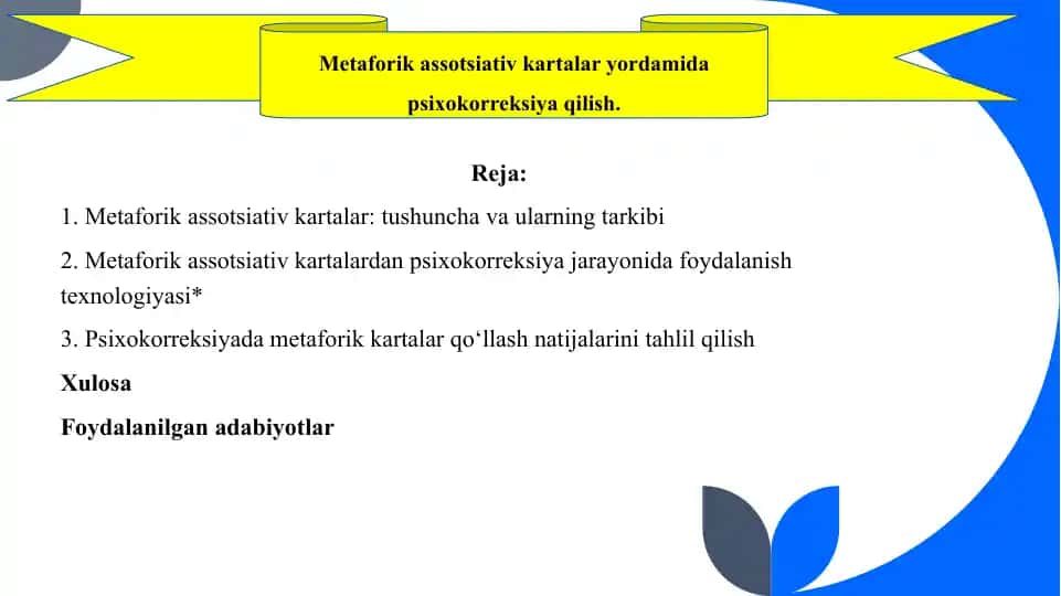 Metaforik assotsiativ kartalar yordamida psixokorreksiya qilish