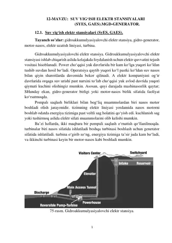 Suv yig‘ish elektr stansiyalari (SyES, GAES).MGD-GENERATOR