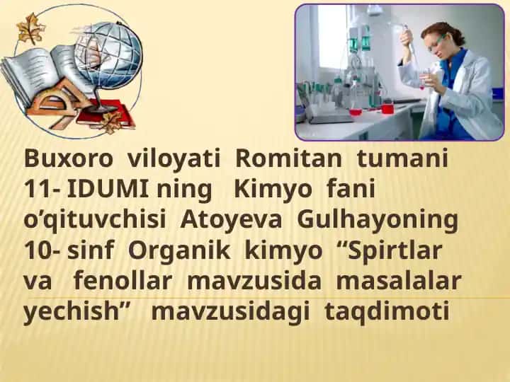 "Kimyo darsi: Spirtlar va fenollar mavzusida taqdimot"