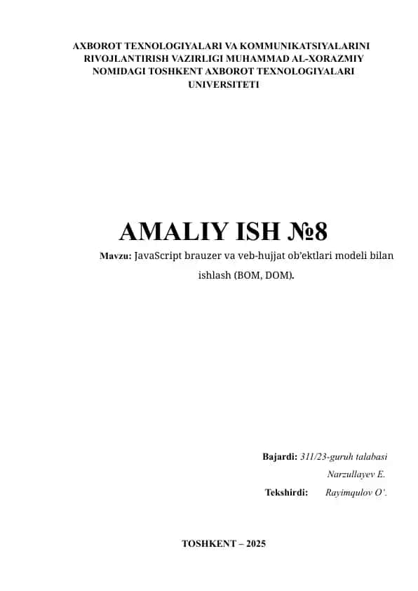 JavaScript brauzer va veb-hujjat ob’ektlari modeli bilan ishlash (BOM, DOM)