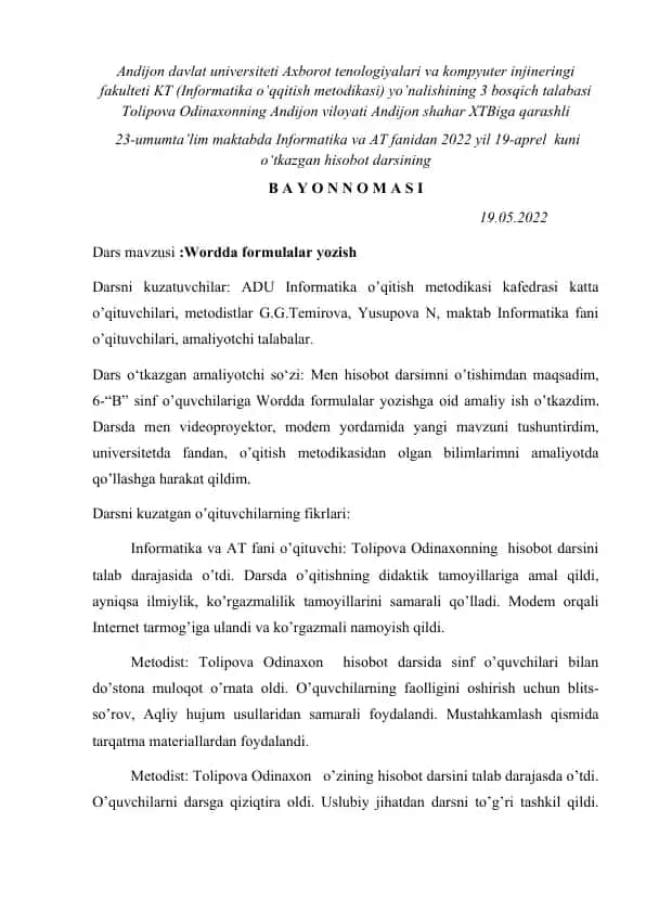 Dars bayonnomasi "Wordda formulalar yozish"
