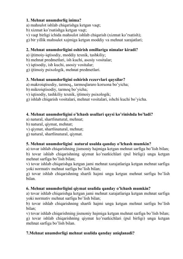 Mehnat unumdorligi va uning o'lchash usullari