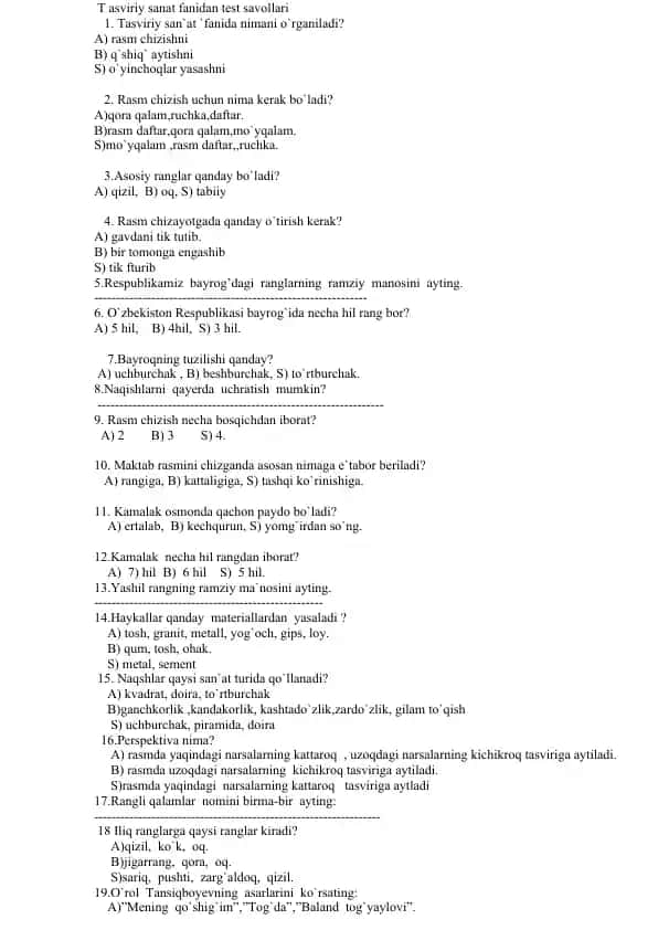 Tasviriy sanat fanidan test savollari