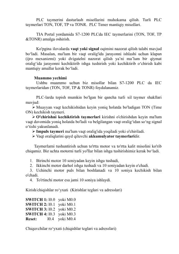 PLC IEC taymerlarini dasturlash