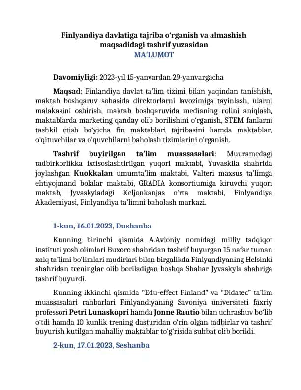 Finlandiya davlat ta’lim tizimi bilan tanishish va tajriba almashish dasturi bo‘yicha amaliy hisobot