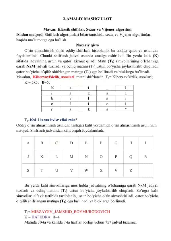 Klassik shifrlar. Sezar va Vijener algoritmi