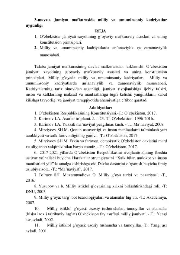 Jamiyat mafkurasida milliy va umuminsoniy kadriyatlar uyg'unligi REJA