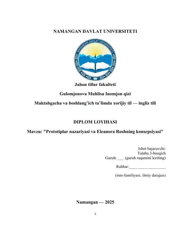 Diplom loyihasi "Prototiplar nazariyasi va Eleanora Roshning konsepsiyasi"