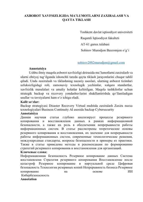 Axborot xavfsizligida ma’lumotlarni zaxiralash va qayta tiklash