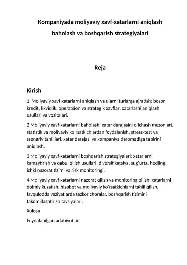 Moliyaviy xavf-xatarlarni aniqlash va boshqarish strategiyalari
