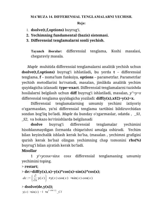 MA’RUZA 14. DIFFERENSIAL TENGLAMALARNI YECHISH