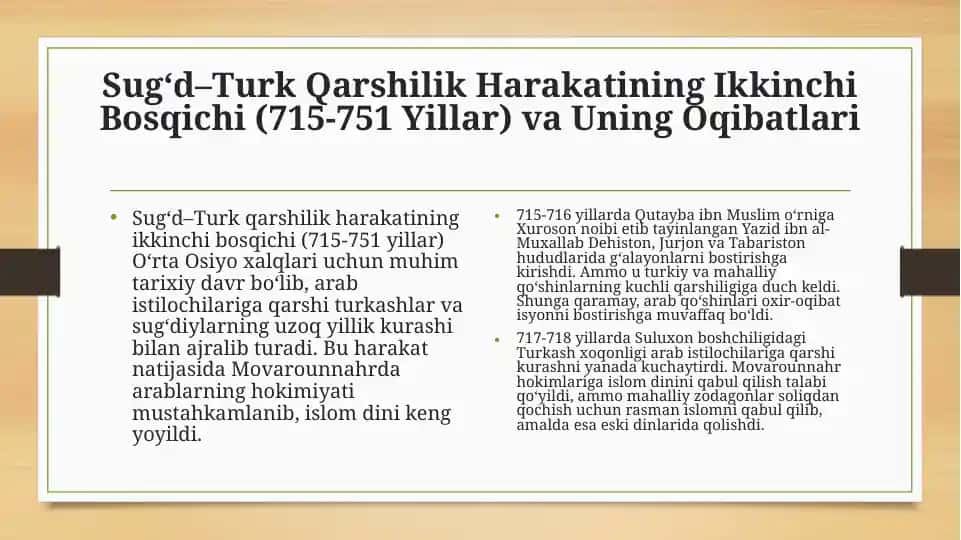 Sug‘d–TurkQarshilikHarakatiningIkkinchiBosqichi(715-751Yillar)vaUningOqibatlari