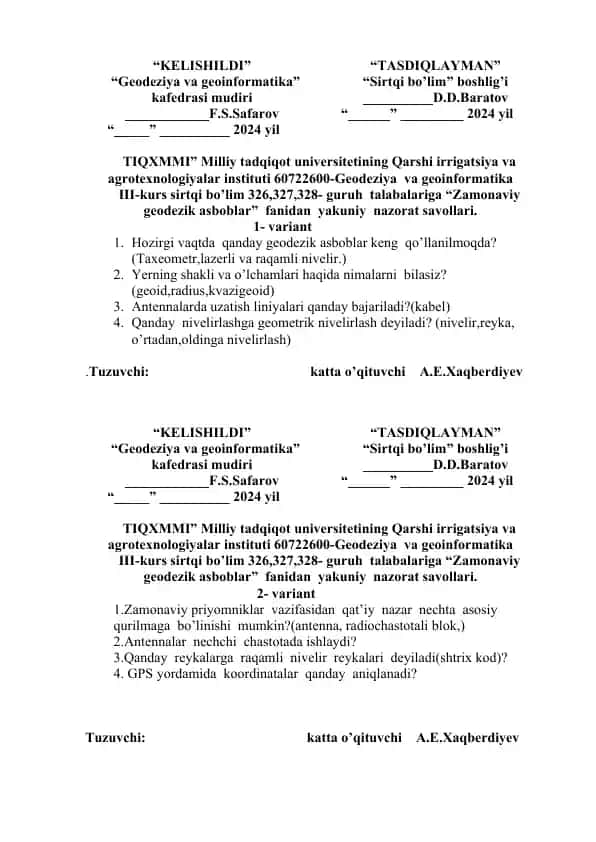 Zamonaviy geodezik asboblar fanidan yakuniy nazorat savollari