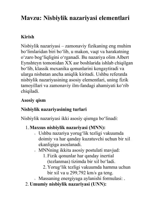 Nisbiylik nazariyasi elementlari
