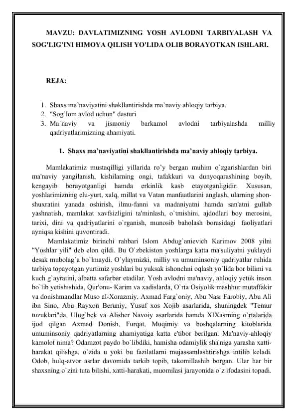 Davlatimizning yosh avlodni tarbiyalash va sog‘ligini himoya qilish yo‘lida olib borayotgan ishlari