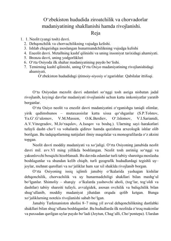 O‘zbеkiston hududida ziroatchilik va chorvadorlar madaniyatining shakllanishi va rivojlanishi