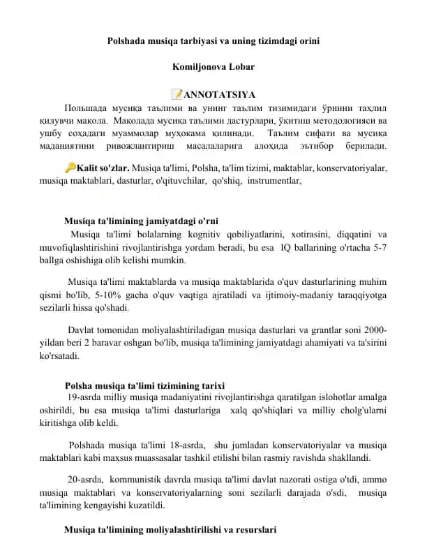 Polshada musiqa tarbiyasi va uning tizimdagi orini