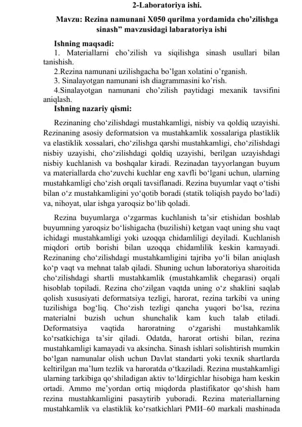 Rezina namunani X050 qurilma yordamida cho’zilishga sinash