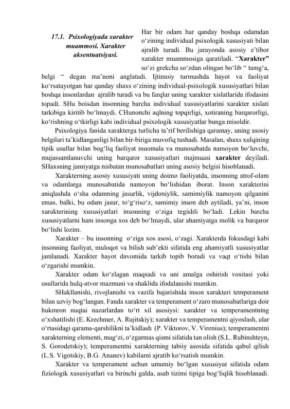 Psixologik xarakter va Individual xususiyatlar