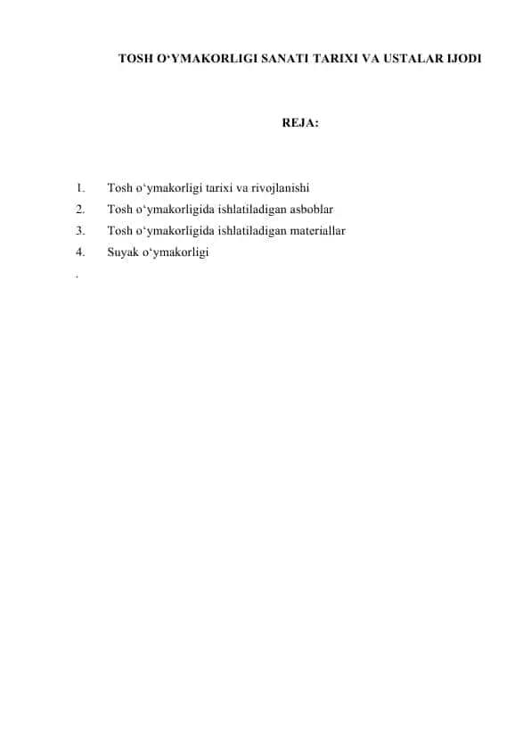 Tosh O‘ymakorligi Sanati Tarixi va Ustalar Ijodi